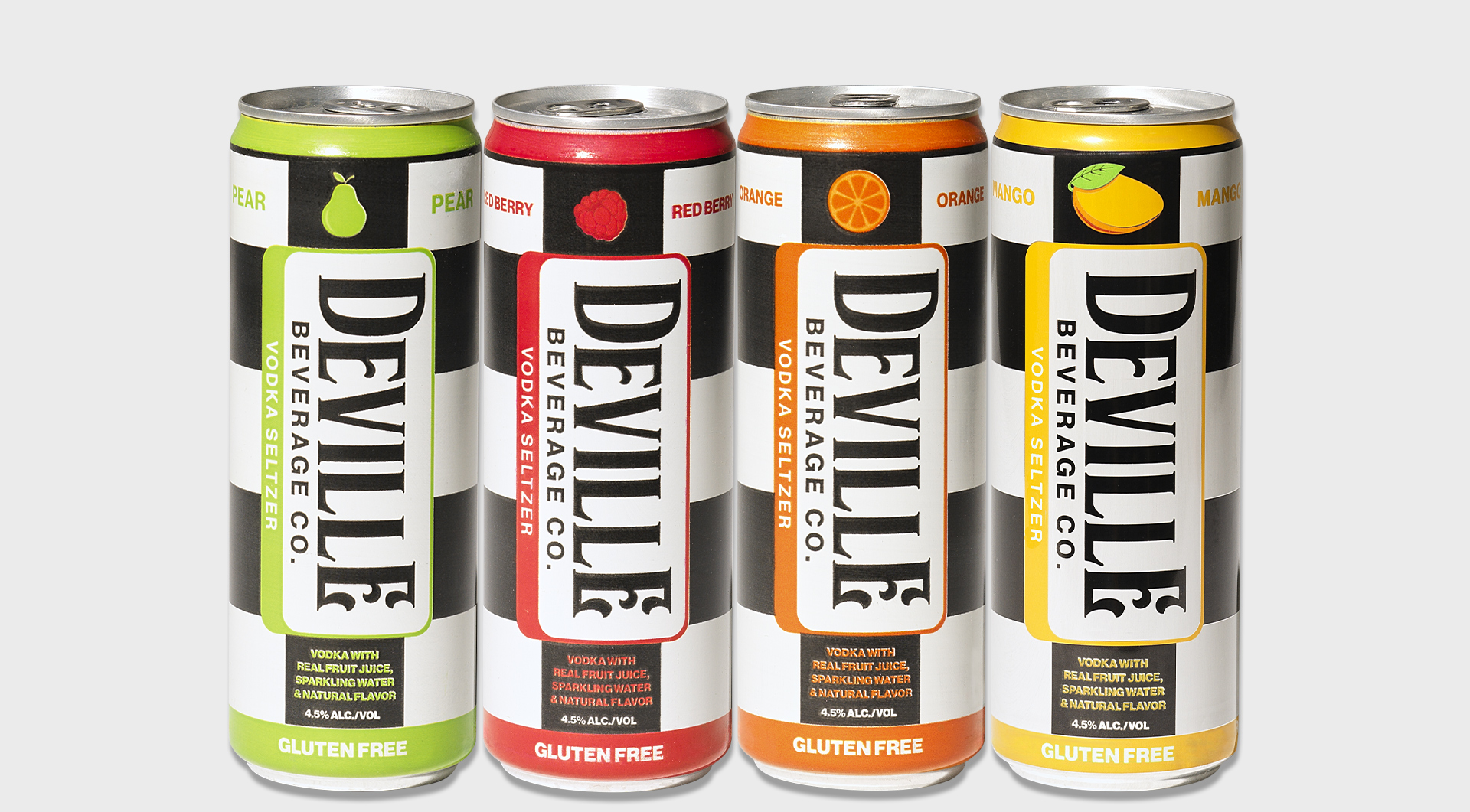 Deville Cans lineup - Pear, Red Berry, Orange, Mango